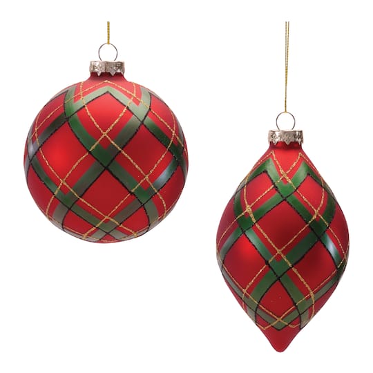 Melrose Red & Green Plaid Glass Ornament Set